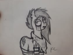 Size: 4032x3024 | Tagged: safe, artist:friendcelestia, oc, oc only, oc:dark shadow, earth pony, pony, my little pony: tails of equestria, black and white, clothes, ear piercing, eyeliner, femboy, grayscale, makeup, male, monochrome, piercing, running makeup, scarf, sketch, socks, solo, stallion, traditional art