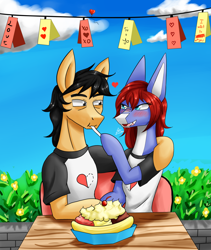 Size: 1600x1900 | Tagged: safe, artist:zachc, oc, oc only, original species, pony, shark, shark pony, clothes, couple, decoration, duo, eating, female, food, hearts and hooves day, ice cream, male