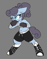 Size: 595x749 | Tagged: safe, artist:lockheart, oc, oc only, oc:polly poppyseed, earth pony, semi-anthro, arm hooves, belly button, boxing, boxing gloves, chest wrap, clothes, female, floppy ears, gray background, hoof shoes, mare, one eye closed, shorts, simple background, solo, sports