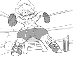 Size: 991x796 | Tagged: safe, artist:jargon scott, oc, oc only, oc:polly poppyseed, earth pony, semi-anthro, arm hooves, armpits, belly button, boxing, boxing gloves, boxing ring, chest wrap, clothes, female, grayscale, hoof shoes, mare, monochrome, shoes, shorts, solo, sports, sweat, water bottle