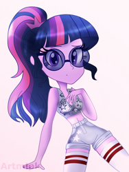 Size: 1800x2400 | Tagged: safe, artist:artmlpk, sci-twi, twilight sparkle, equestria girls, g4, adorasexy, adorkable, adorkasexy, clothes, cute, denim, denim shorts, digital art, dork, female, glasses, hand on chest, high socks, high waisted shorts, hips, looking at you, meganekko, midriff, outfit, ponytail, sexy, shorts, socks, solo, sports bra, thigh highs, thighs, tomboy, twiabetes