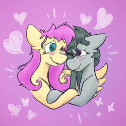 Size: 1000x1000 | Tagged: safe, artist:antimationyt, fluttershy, marble pie, earth pony, pegasus, pony, g4, blushing, bust, eye contact, female, heart, holding hooves, hug, lesbian, looking at each other, mare, one eye closed, one wing out, ship:marbleshy, shipping, smiling, stray strand, winghug, wings