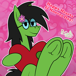 Size: 1500x1500 | Tagged: safe, artist:b-cacto, oc, oc only, oc:prickly pears, pony, bedroom eyes, fetish, flower, flower in hair, glasses, heart, hearts and hooves day, hoof fetish, looking at you, underhoof