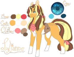 Size: 995x768 | Tagged: safe, artist:malinraf1615, oc, oc only, oc:lylianne, earth pony, pony, bow, coat markings, female, freckles, hair ribbon, mare, neckerchief, next generation, offspring, pale belly, parent:applejack, parent:caramel, parents:carajack, pouch, reference sheet, simple background, socks (coat markings), solo, tail bow, transparent background, watermark