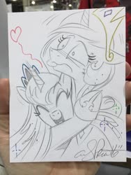Size: 768x1024 | Tagged: safe, artist:andypriceart, princess celestia, princess luna, alicorn, pony, andy price is trying to murder us, cute, eyes closed, female, floating heart, heart, hug, lunabetes, mare, open mouth, pencil drawing, royal sisters, sibling love, siblings, sisterly love, sisters, tongue out, traditional art
