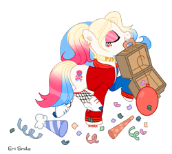 Size: 1401x1259 | Tagged: safe, artist:_vodka, oc, oc only, oc:har-harley queen, earth pony, pony, balloon, briefcase, choker, clothes, confetti, ear piercing, earring, eyes closed, eyeshadow, female, fishnet stockings, harley quinn, hat, jacket, jewelry, makeup, mare, mouth hold, multicolored hair, party hat, piercing, raised hoof, raised leg, roller skates, simple background, solo, stockings, tattoo, thigh highs, transparent background, varsity jacket, ych result