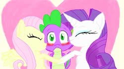 Size: 1194x669 | Tagged: safe, artist:sparky-the-hedgehog, fluttershy, rarity, spike, dragon, pegasus, pony, unicorn, g4, age difference, cheek kiss, female, heart, heart background, holiday, horn, kiss sandwich, kissing, male, ship:flutterspike, ship:sparity, shipping, sparishy, spike gets all the mares, spikelove, straight, trio, valentine's day