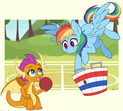 Size: 1200x1084 | Tagged: safe, artist:higglytownhero, rainbow dash, smolder, dragon, pegasus, pony, g4, basket, buckball, buckbasket, bushel basket, cute, dragoness, duo, female, flying, looking at each other, mare, open mouth, outdoors, sitting, smiling, smolderbetes, spread wings, wings