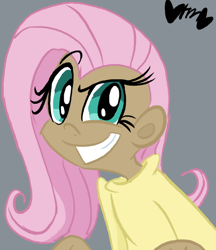 Size: 474x549 | Tagged: safe, artist:mirabuncupcakes15, fluttershy, human, a bird in the hoof, g4, always works, clothes, dark skin, dreamworks face, female, gray background, grin, humanized, raised eyebrow, scene interpretation, simple background, smiling, solo, sweater