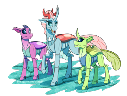 Size: 2000x1509 | Tagged: safe, artist:inuhoshi-to-darkpen, axilla, lumbar, ocellus, changedling, changeling, g4, alternate design, antlers, carapace, compound eyes, cute, cuteling, diaocelles, exoskeleton, female, male, nudity, older, older axilla, older lumbar, older ocellus, open mouth, queen ocellus, raised hoof, sheath, siblings, simple background, smiling, transparent background, trio, walking