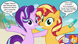 Size: 2190x1233 | Tagged: safe, artist:anime-equestria, editor:wild stallions, starlight glimmer, sunburst, sunset shimmer, pony, unicorn, comic:the first incestuous foal of sunset shimmer, g4, beach, bipedal, brother and sister, cliffs, cloud, cute, duo, explicit description, female, glimmerbetes, hearts and hooves day, hug, incest, looking at you, male, mare, postcard, pregnancy test, pregnant, raised hoof, sand, shimmerbetes, shimmerburst, ship:starburst, shipping, siblings, smiling, speech bubble, straight, sun, sunburst gets all the mares, suncest shimmer, sunny siblings, tree, vector