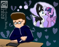 Size: 2258x1800 | Tagged: safe, artist:mrchaosthecunningwlf, artist:ponyvillechaos577, twilight sparkle, oc, oc:frost cloud, alicorn, dog, human, husky, hybrid, pony, g4, alicorn oc, boop, canon x oc, crossbreed, daydream, depressed, drawing tablet, explanation in the description, fantasy, female, hearts and hooves day, holiday, horn, lonely, male, mare, sad, twifrost, twilight sparkle (alicorn), valentine's day, vent art