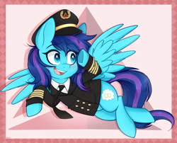 Size: 2600x2100 | Tagged: safe, artist:higglytownhero, oc, oc only, oc:cirrus updraft, pegasus, pony, blue eyes, blushing, clothes, commission, delta air lines, female, flying, hat, high res, mare, necktie, pegasus oc, pilot, salute, simple background, smiling, solo, uniform, wings