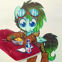 Size: 1440x1434 | Tagged: safe, artist:dawnfire, oc, oc only, oc:gryph xander, pegasus, pony, boots, chopsticks, copic, folded wings, food, goggles, male, noodles, ramen, ramune, shoes, solo, stallion, traditional art, wings