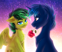Size: 2427x2019 | Tagged: safe, artist:hakaina, oc, oc only, oc:aura skye, oc:evergreen feathersong, pegasus, pony, unicorn, chest fluff, flower, flower in mouth, high res, mouth hold, rose, rose in mouth, ych result