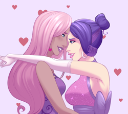 Size: 1400x1251 | Tagged: safe, artist:emberfan11, fluttershy, rarity, human, g4, alternate hairstyle, armpits, blushing, clothes, dark skin, dress, ear piercing, earring, evening gloves, eyeshadow, female, gloves, heart, holiday, humanized, jewelry, lesbian, lipstick, long gloves, makeup, piercing, ship:flarity, shipping, valentine's day