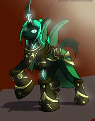 Size: 1006x1280 | Tagged: safe, artist:thebigbadwolf01, oc, oc only, oc:queen ceceda, changeling queen, pony, armor, boots, changeling queen oc, clothes, glowing horn, green changeling, horn, raised hoof, scar, shoes, signature, slit pupils, solo