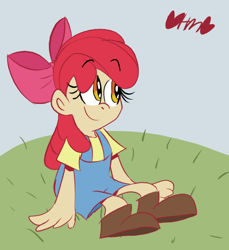 Size: 734x800 | Tagged: safe, artist:mirabuncupcakes15, apple bloom, human, g4, apple bloom's bow, boots, bow, clothes, female, grass, hair bow, hill, humanized, overalls, shirt, shoes, sitting, solo, t-shirt