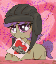 Size: 1260x1430 | Tagged: safe, artist:t72b, derpibooru exclusive, oc, oc only, oc:tenk pone, earth pony, pony, abstract background, female, helmet, holiday, looking at you, mare, mouth hold, pun, solo, tank (vehicle), valentine's day, valentine's day card, visual pun