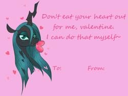 Size: 1000x750 | Tagged: safe, artist:puddingskinmcgee, queen chrysalis, changeling, changeling queen, g4, bust, female, heart, holiday, looking at you, simple background, solo, text, valentine, valentine's day