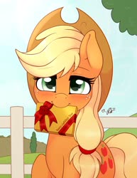 Size: 2156x2791 | Tagged: safe, artist:ratofdrawn, applejack, earth pony, pony, g4, blushing, chocolate, cute, daaaaaaaaaaaw, female, fence, food, high res, holiday, jackabetes, looking at you, mare, mouth hold, solo, valentine, valentine's day
