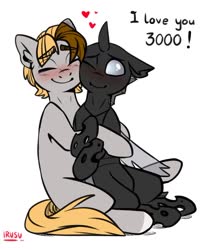 Size: 1024x1209 | Tagged: safe, artist:lrusu, oc, oc only, oc:primitive, oc:sunny (lrusu), changeling, earth pony, pony, avengers: endgame, changeling oc, colored hooves, heart, i love you, oc x oc, one eye closed, shipping, simple background, text, white background, white changeling, wink