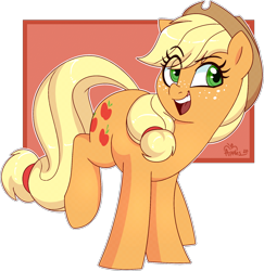 Size: 1664x1714 | Tagged: safe, artist:notenoughapples, applejack, earth pony, pony, g4, abstract background, cowboy hat, eye clipping through hair, female, freckles, hat, mare, raised leg, simple background, smiling, solo, transparent background