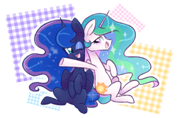 Size: 1533x1022 | Tagged: safe, artist:distractedsketching, artist:theluckyangel, princess celestia, princess luna, alicorn, pony, g4, abstract background, cute, duo, female, mare, one eye closed, open mouth, profile, royal sisters, siblings, sisters, sitting, wink
