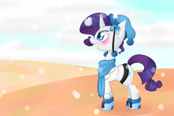 Size: 1200x800 | Tagged: safe, artist:distractedsketching, artist:theluckyangel, rarity, pony, unicorn, g4, blushing, clothes, coat, cuffs (clothes), cute, female, hat, mare, open mouth, profile, raribetes, scarf, shoes, snow, snowfall, solo