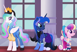 Size: 1200x800 | Tagged: safe, artist:carouselunique, princess cadance, princess celestia, princess luna, alicorn, pony, g4, '90s, arm warmers, clothes, digital art, dress, ear piercing, earring, eyeshadow, female, hat, jewelry, makeup, mare, pegasus cadance, piercing, royal sisters, shirt, smiling, younger