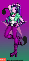 Size: 483x1000 | Tagged: safe, artist:srasomeone, aria blaze, equestria girls, g4, belt, boots, breasts, busty aria blaze, cleavage, clothes, commission, cutie mark background, female, gem, gradient background, green background, hand on hip, high heel boots, jacket, looking at you, microphone, pants, patreon, patreon reward, platform heels, pose, purple background, raised leg, shiny, shoes, simple background, siren gem, smiling, solo, top, watermark, wristband