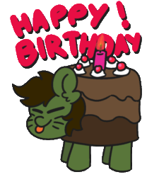 Size: 664x737 | Tagged: safe, artist:threetwotwo32232, oc, oc:green ganache, earth pony, pony, 60 fps, :p, animated, black forest cake, cake, candle, food, gif, male, portal (valve), simple background, solo, stallion, the cake is a lie, tongue out, transparent background