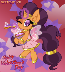 Size: 3800x4200 | Tagged: safe, artist:snakeythingy, saffron masala, g4, artificial wings, augmented, clothes, cupid, curry, dress, food, heart, holiday, magic, magic wings, story included, valentine's day, wings