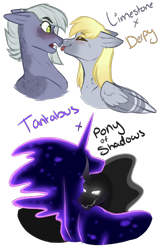 Size: 1400x2200 | Tagged: safe, artist:purplegrim40, derpy hooves, limestone pie, pony of shadows, tantabus, earth pony, pegasus, pony, shadow pony, g4, bust, crack shipping, derpystone, digital art, female, glowing, glowing eyes, lesbian, male, mare, shipping, simple background, smiling, straight, tantashadow, transparent background