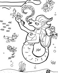 Size: 1024x1291 | Tagged: safe, artist:jamestkelley, crab, earth pony, fish, pony, siren, 30 minute art challenge, black and white, bubble, fangs, fish tail, flowing mane, flowing tail, gem, grayscale, holding breath, hypnosis, hypnotic music, hypnotized, monochrome, ocean, sailor, sailor uniform, scales, ship, singing, sirens doing siren things, swimming, tail, traditional art, underwater, uniform, water