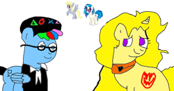 Size: 1237x646 | Tagged: artist needed, safe, derpy hooves, dj pon-3, vinyl scratch, oc, pegasus, pony, unicorn, g4, 1000 hours in ms paint, choker, female, glasses, hat, male, mare, simple background, stallion, white background