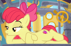 Size: 469x306 | Tagged: safe, screencap, apple bloom, earth pony, pony, g4, growing up is hard to do, :o, adult, bow, cropped, cute, cutie mark, draw me like one of your french girls, female, lidded eyes, lying down, mare, older, older apple bloom, on side, open mouth, solo