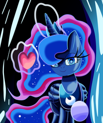 Size: 2580x3075 | Tagged: safe, artist:superhypersonic2000, princess luna, alicorn, pony, g4, abstract background, bedroom eyes, collar, crown, cute, digital art, female, glowing horn, heart, hearts and hooves day, high res, holiday, horn, jewelry, lidded eyes, looking at you, lunabetes, magic, mare, raised hoof, regalia, smiling, solo, tail, telekinesis, valentine's day, wings