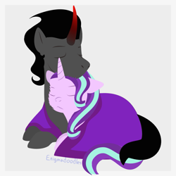 Size: 825x825 | Tagged: safe, artist:enigmadoodles, king sombra, starlight glimmer, pony, unicorn, g4, blanket, female, male, prone, shipping, simple background, starlightsombra, straight