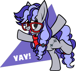 Size: 3556x3333 | Tagged: safe, artist:tridashie, oc, oc only, oc:cinnabyte, earth pony, pony, adorkable, bandana, cinnabetes, cute, dork, excited, female, glasses, high res, looking at you, mare, meganekko, party, pigtails, simple background, solo, transparent background, yay
