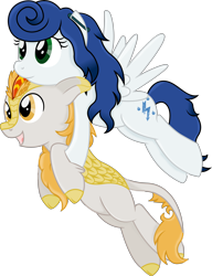 Size: 5392x7016 | Tagged: safe, artist:cirillaq, oc, oc:solar wave, kirin, pegasus, pony, absurd resolution, carrying, duo, female, flying, holding a kirin, male, mare, simple background, transparent background