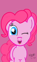 Size: 720x1208 | Tagged: safe, artist:damemarionette, pinkie pie, earth pony, pony, g4, female, one eye closed, open mouth, smiling, solo, wink