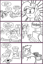 Size: 1160x1746 | Tagged: safe, artist:rusticanon, applejack, pinkie pie, rainbow dash, earth pony, pegasus, pony, comic:ponies in the modern museum, g4, brush, brushing, brushing machine, butt, comic, female, gift wrapped, kissing booth, laughing, machine, monochrome, plot, present, rainbow dash is not amused, stuck, surprised, unamused, wrapping