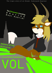 Size: 2480x3508 | Tagged: safe, artist:vol_audacity, oc, oc only, oc:leviathan "vol" audacity, deer, city, high res, moon, poster, sitting, solo, text