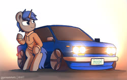 Size: 2760x1750 | Tagged: safe, artist:perezadotarts, derpibooru exclusive, oc, oc only, pony, unicorn, car, clothes, datsun, datsun 510, hoodie, light, simple background, text, vehicle