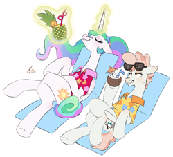 Size: 1920x1745 | Tagged: safe, artist:polymercorgi, princess celestia, svengallop, alicorn, earth pony, pony, between dark and dawn, g4, alternate hairstyle, bare hooves, clothes, coconut, crack shipping, crossed hooves, crossed legs, duo, ethereal mane, eyes closed, female, floppy ears, flowing mane, food, glowing horn, grin, hawaiian shirt, hoof hold, horn, levitation, looking sideways, magic, male, mare, multicolored mane, pineapple, ponytail, reclining, relaxing, shipping, simple background, smiling, stallion, straight, sunglasses, svenlestia, tail bun, telekinesis, vacation, white background