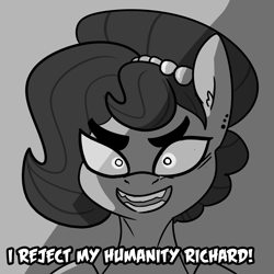 Size: 2250x2250 | Tagged: safe, artist:tjpones, part of a set, oc, oc only, oc:brownie bun, earth pony, pony, horse wife, bust, dialogue, dio brando, female, grayscale, high res, jewelry, jojo reference, jojo's bizarre adventure, looking at you, mare, monochrome, necklace, pearl necklace, simple background, solo