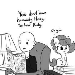 Size: 2250x2250 | Tagged: safe, artist:tjpones, part of a set, oc, oc only, oc:brownie bun, oc:richard, earth pony, human, pony, horse wife, bald, bust, chest fluff, dialogue, female, grayscale, high res, jewelry, male, mare, monochrome, necklace, newspaper, pearl necklace, simple background, straight, white background