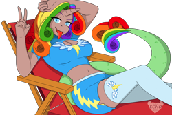 Size: 3600x2400 | Tagged: safe, artist:ponyecho, oc, oc only, oc:eris rainbowstar, hybrid, anthro, breasts, chair, cleavage, clothes, commission, fangs, female, high res, looking at you, peace sign, shorts, simple background, socks, solo, thigh highs, tongue out, transparent background, wonderbolts