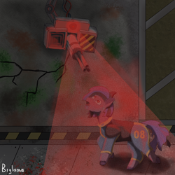 Size: 2000x2000 | Tagged: safe, artist:circumflexs, oc, oc only, earth pony, pony, fallout equestria, clothes, fanfic, fanfic art, female, high res, hooves, jumpsuit, mare, ruins, solo, suit, turret, vault suit